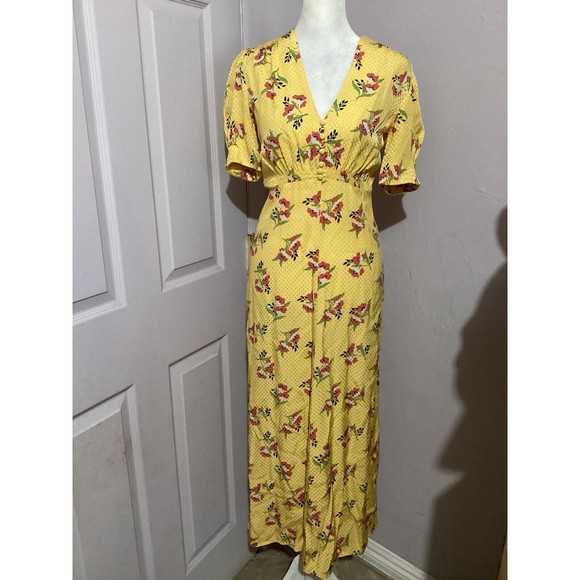 Jill Stuart Puff Sleeve Yellow Floral Fit & Flare MIDI Dress 0 - Picture 1 of 8